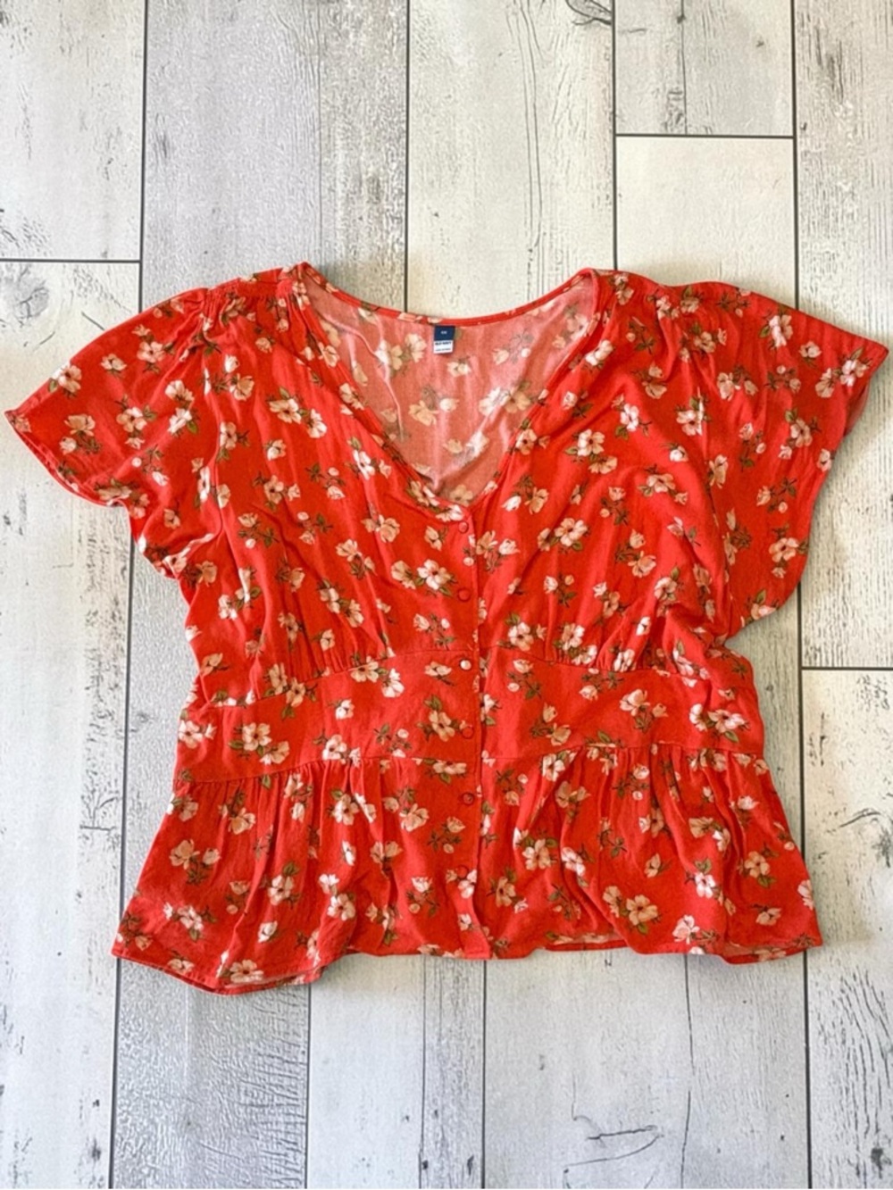 Old Navy Floral Peplum Blouse Red Boho V-Neck Button Front 4X